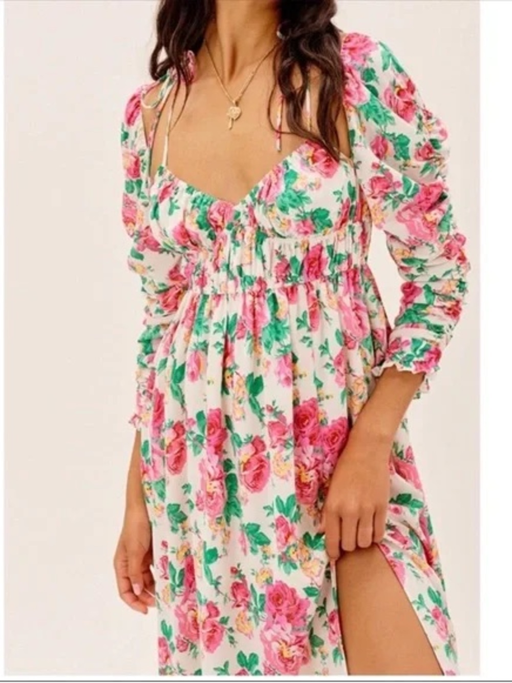 For Love & Lemons Becca Floral V-Neck Long Sleeve Midi Dress